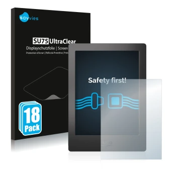 Parte frontale di una confezione del prodotto con il logo del marchio Savvies. Accanto è raffigurato il dispositivo Kobo Aura 