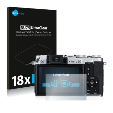 Parte frontale di una confezione del prodotto con il logo del marchio Savvies. Accanto è raffigurato il dispositivo Fujifilm X