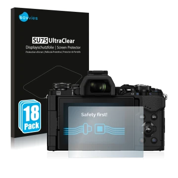 Parte frontale di una confezione del prodotto con il logo del marchio Savvies. Accanto è raffigurato il dispositivo Olympus OM