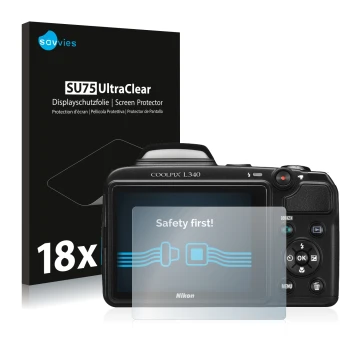 Parte frontale di una confezione del prodotto con il logo del marchio Savvies. Accanto è raffigurato il dispositivo Nikon Cool