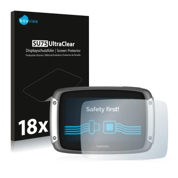 Parte frontale di una confezione del prodotto con il logo del marchio Savvies. Accanto è raffigurato il dispositivo TomTom Rid