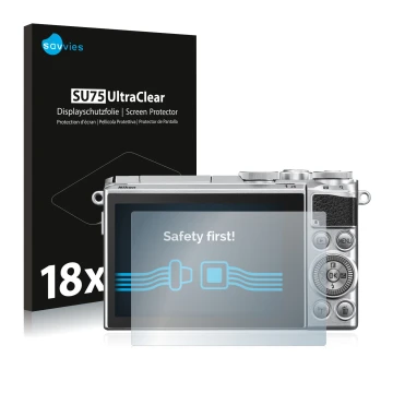 Parte frontale di una confezione del prodotto con il logo del marchio Savvies. Accanto è raffigurato il dispositivo Nikon 1 J5