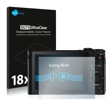 Parte frontale di una confezione del prodotto con il logo del marchio Savvies. Accanto è raffigurato il dispositivo Sony Cyber