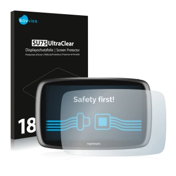 Parte frontale di una confezione del prodotto con il logo del marchio Savvies. Accanto è raffigurato il dispositivo TomTom GO 