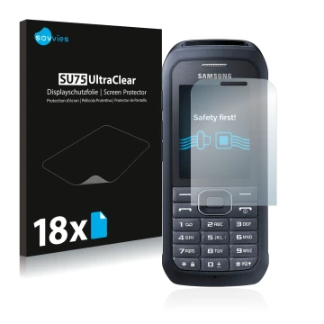 Parte frontale di una confezione del prodotto con il logo del marchio Savvies. Accanto è raffigurato il dispositivo Samsung Xc