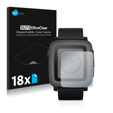 Parte frontale di una confezione del prodotto con il logo del marchio Savvies. Accanto è raffigurato il dispositivo Pebble Tim