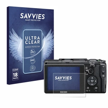 Parte frontale di una confezione del prodotto con il logo del marchio Savvies. Accanto è raffigurato il dispositivo Ricoh GR I