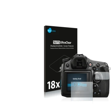 Parte frontale di una confezione del prodotto con il logo del marchio Savvies. Accanto è raffigurato il dispositivo Sony Alpha