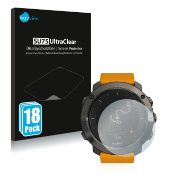 Parte frontale di una confezione del prodotto con il logo del marchio Savvies. Accanto è raffigurato il dispositivo Suunto Tra