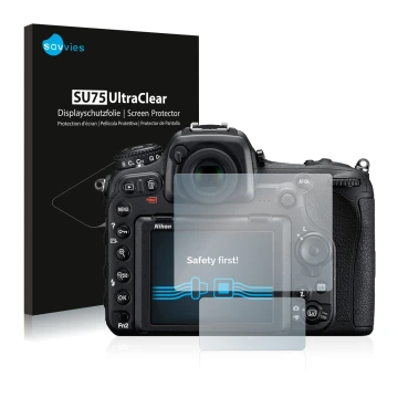 Parte frontale di una confezione del prodotto con il logo del marchio Savvies. Accanto è raffigurato il dispositivo Nikon D500