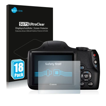 Parte frontale di una confezione del prodotto con il logo del marchio Savvies. Accanto è raffigurato il dispositivo Canon Powe