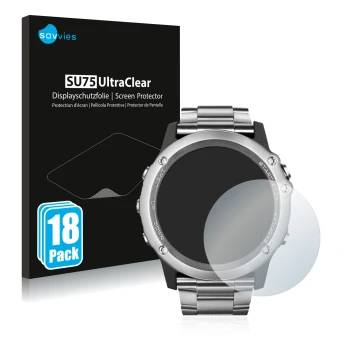 Parte frontale di una confezione del prodotto con il logo del marchio Savvies. Accanto è raffigurato il dispositivo Garmin Fen