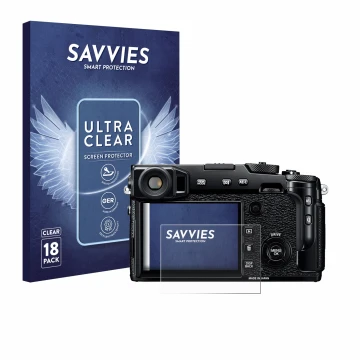 Parte frontale di una confezione del prodotto con il logo del marchio Savvies. Accanto è raffigurato il dispositivo Fujifilm X