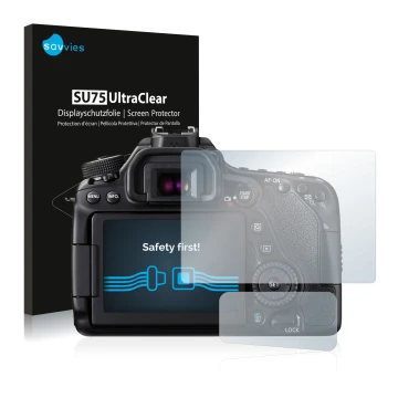 Parte frontale di una confezione del prodotto con il logo del marchio Savvies. Accanto è raffigurato il dispositivo Canon EOS 