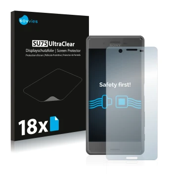 Parte frontale di una confezione del prodotto con il logo del marchio Savvies. Accanto è raffigurato il dispositivo Sony Xperi