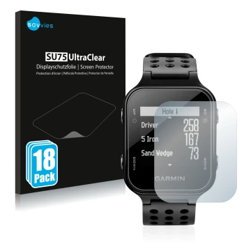 Parte frontale di una confezione del prodotto con il logo del marchio Savvies. Accanto è raffigurato il dispositivo Garmin App