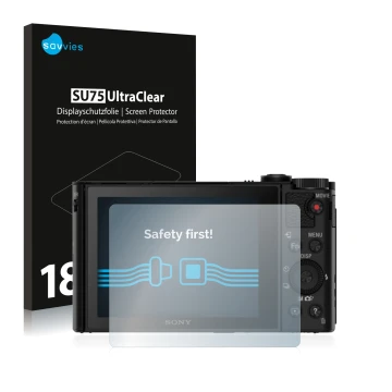 Parte frontale di una confezione del prodotto con il logo del marchio Savvies. Accanto è raffigurato il dispositivo Sony Cyber