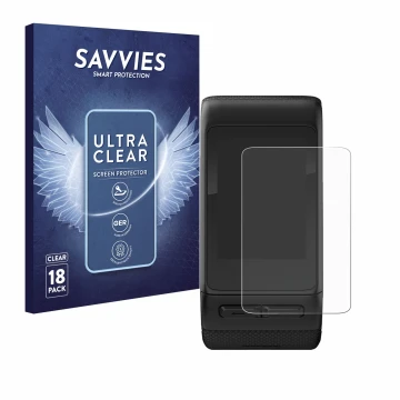 Parte frontale di una confezione del prodotto con il logo del marchio Savvies. Accanto è raffigurato il dispositivo Garmin viv