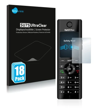 Parte frontale di una confezione del prodotto con il logo del marchio Savvies. Accanto è raffigurato il dispositivo AVM Fritz!