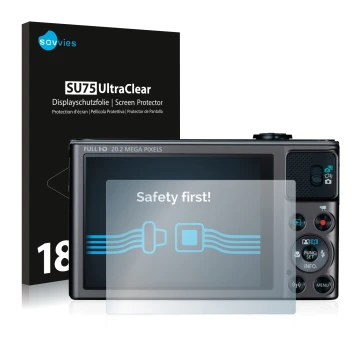 Parte frontale di una confezione del prodotto con il logo del marchio Savvies. Accanto è raffigurato il dispositivo Canon Powe