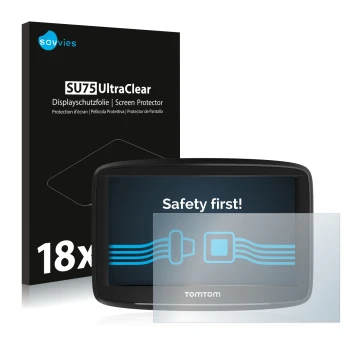 Parte frontale di una confezione del prodotto con il logo del marchio Savvies. Accanto è raffigurato il dispositivo TomTom Sta