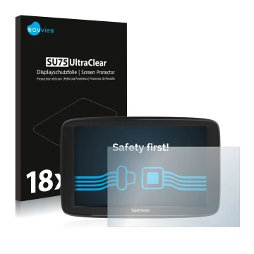 Parte frontale di una confezione del prodotto con il logo del marchio Savvies. Accanto è raffigurato il dispositivo TomTom Sta