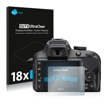 Parte frontale di una confezione del prodotto con il logo del marchio Savvies. Accanto è raffigurato il dispositivo Nikon D340