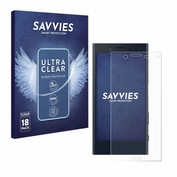 Parte frontale di una confezione del prodotto con il logo del marchio Savvies. Accanto è raffigurato il dispositivo Sony Xperi