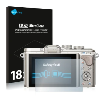 Parte frontale di una confezione del prodotto con il logo del marchio Savvies. Accanto è raffigurato il dispositivo Olympus PE