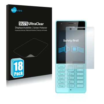 Parte frontale di una confezione del prodotto con il logo del marchio Savvies. Accanto è raffigurato il dispositivo Nokia 216 