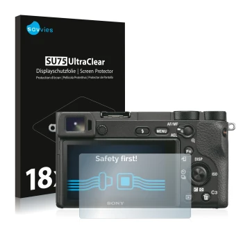 Parte frontale di una confezione del prodotto con il logo del marchio Savvies. Accanto è raffigurato il dispositivo Sony Alpha