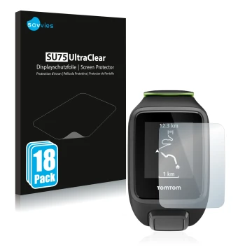 Parte frontale di una confezione del prodotto con il logo del marchio Savvies. Accanto è raffigurato il dispositivo TomTom Run