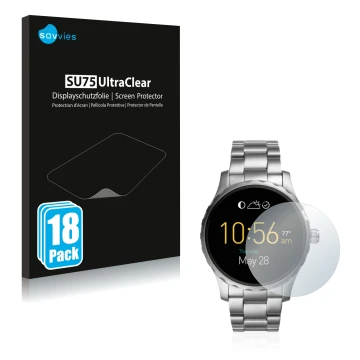 Parte frontale di una confezione del prodotto con il logo del marchio Savvies. Accanto è raffigurato il dispositivo Fossil Q M