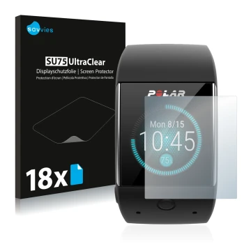 Parte frontale di una confezione del prodotto con il logo del marchio Savvies. Accanto è raffigurato il dispositivo Polar M600