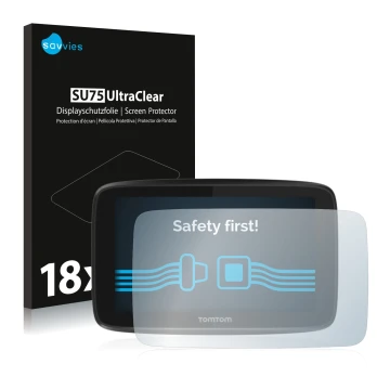 Parte frontale di una confezione del prodotto con il logo del marchio Savvies. Accanto è raffigurato il dispositivo TomTom GO 