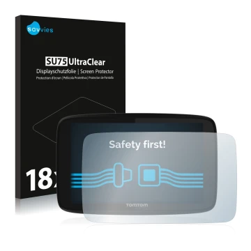 Parte frontale di una confezione del prodotto con il logo del marchio Savvies. Accanto è raffigurato il dispositivo TomTom GO 