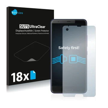 Parte frontale di una confezione del prodotto con il logo del marchio Savvies. Accanto è raffigurato il dispositivo HTC U Ultr