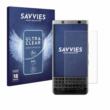 Parte frontale di una confezione del prodotto con il logo del marchio Savvies. Accanto è raffigurato il dispositivo BlackBerry