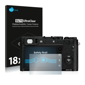 Parte frontale di una confezione del prodotto con il logo del marchio Savvies. Accanto è raffigurato il dispositivo Fujifilm X