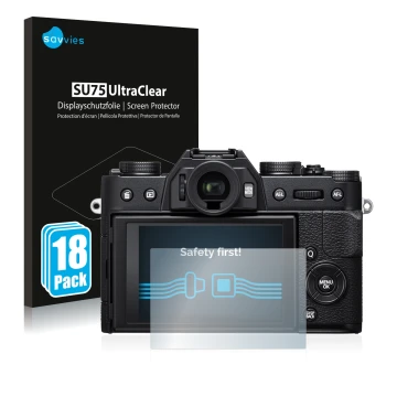 Parte frontale di una confezione del prodotto con il logo del marchio Savvies. Accanto è raffigurato il dispositivo Fujifilm X