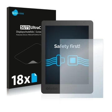 Parte frontale di una confezione del prodotto con il logo del marchio Savvies. Accanto è raffigurato il dispositivo Kobo Aura 