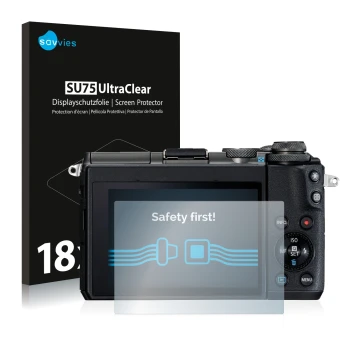 Parte frontale di una confezione del prodotto con il logo del marchio Savvies. Accanto è raffigurato il dispositivo Canon EOS 