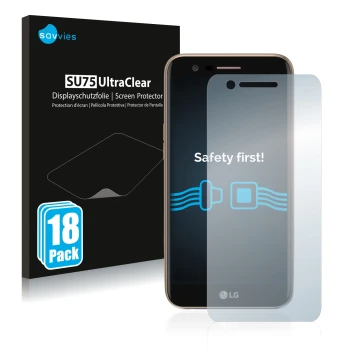 Parte frontale di una confezione del prodotto con il logo del marchio Savvies. Accanto è raffigurato il dispositivo LG K10 201