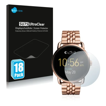 Parte frontale di una confezione del prodotto con il logo del marchio Savvies. Accanto è raffigurato il dispositivo Fossil Q W