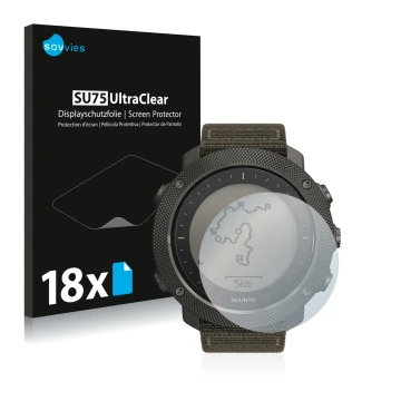 Parte frontale di una confezione del prodotto con il logo del marchio Savvies. Accanto è raffigurato il dispositivo Suunto Tra