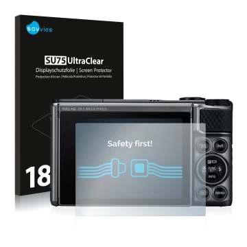 Parte frontale di una confezione del prodotto con il logo del marchio Savvies. Accanto è raffigurato il dispositivo Canon Powe