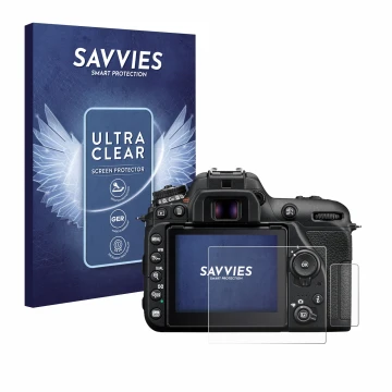 Parte frontale di una confezione del prodotto con il logo del marchio Savvies. Accanto è raffigurato il dispositivo Nikon D750