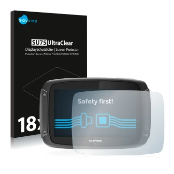 Parte frontale di una confezione del prodotto con il logo del marchio Savvies. Accanto è raffigurato il dispositivo TomTom Rid