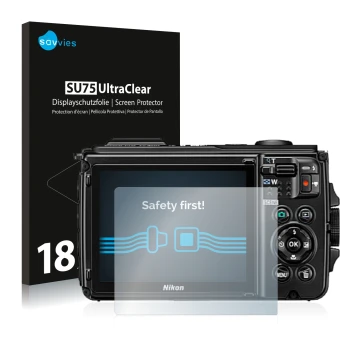 Parte frontale di una confezione del prodotto con il logo del marchio Savvies. Accanto è raffigurato il dispositivo Nikon Cool