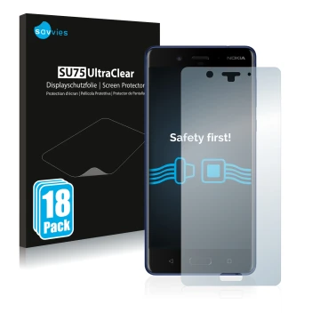 Parte frontale di una confezione del prodotto con il logo del marchio Savvies. Accanto è raffigurato il dispositivo Nokia 8 co